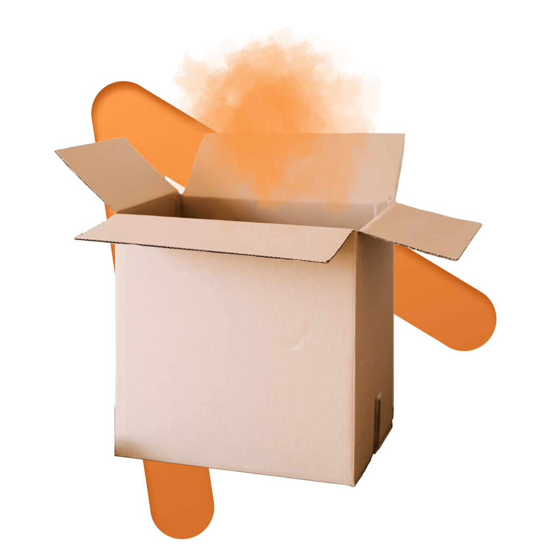 caja de cartón con una nube de humo naranja 