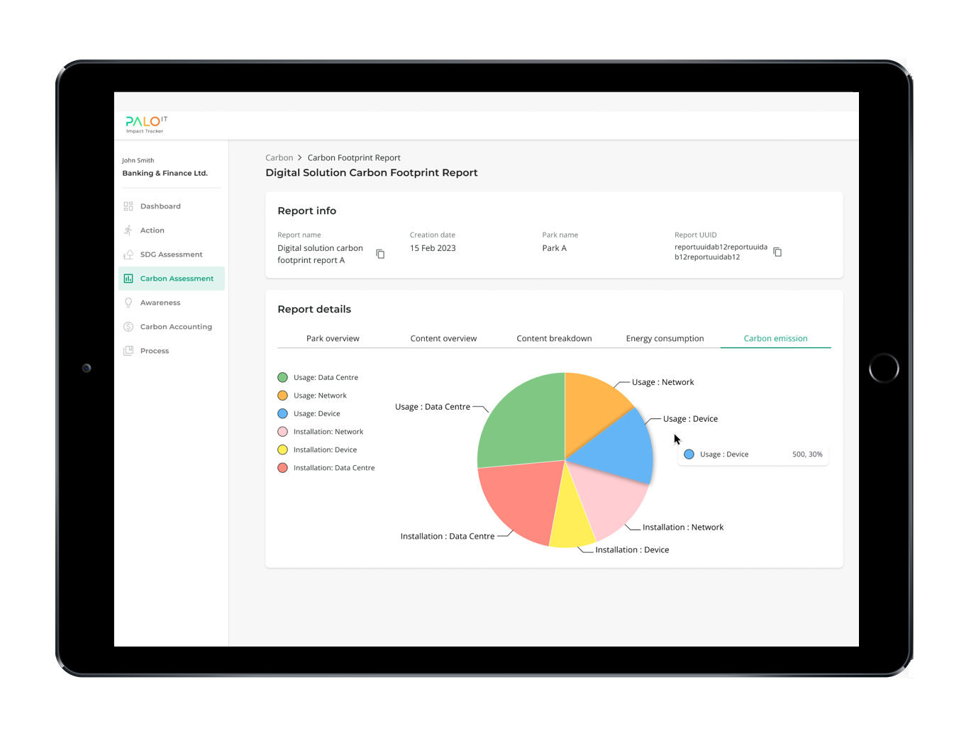 carbon accounting, carbon footprint tracker, carbon tracking, carbon measure tool, esg reporting tool, palo it impact tracker tablet