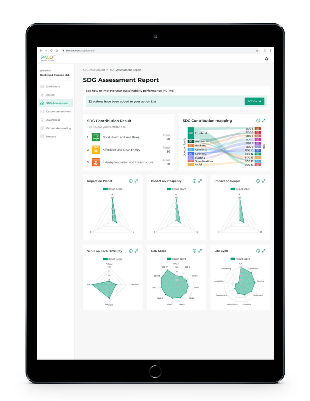 un sdgs, united nations sdgs, sustainable development goals, esg reporting tool, sustainability reporting tool, palo it impact tracker tablet